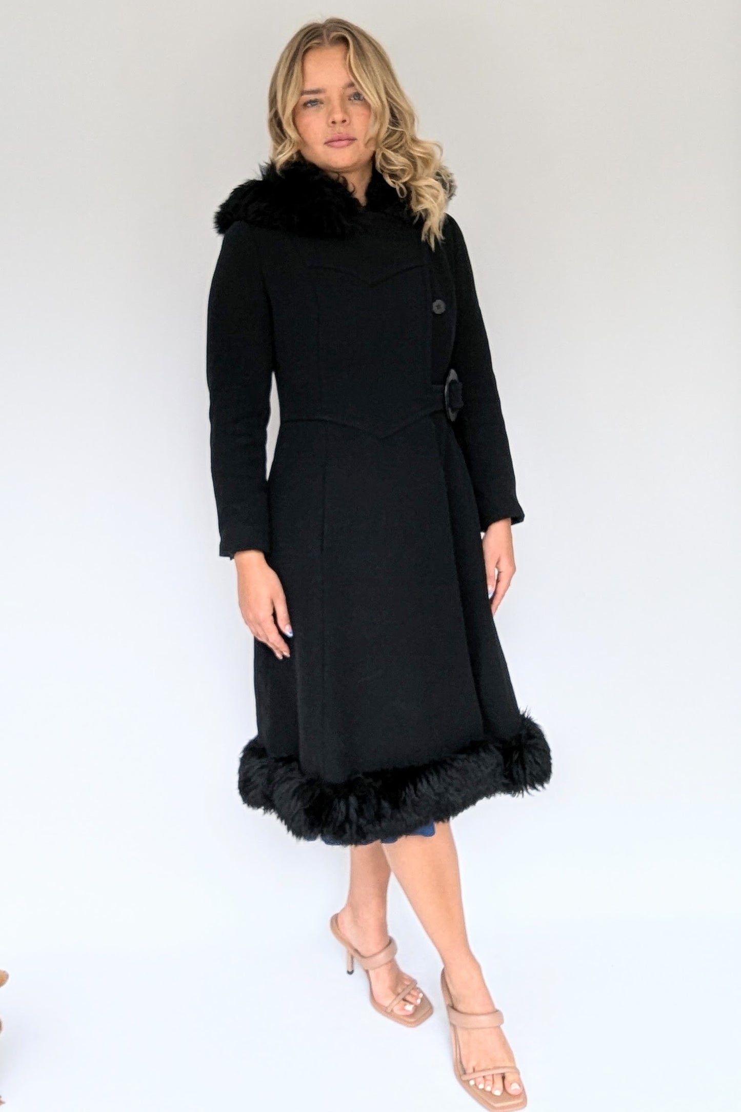 1960s long black fur trimmed hooded coat