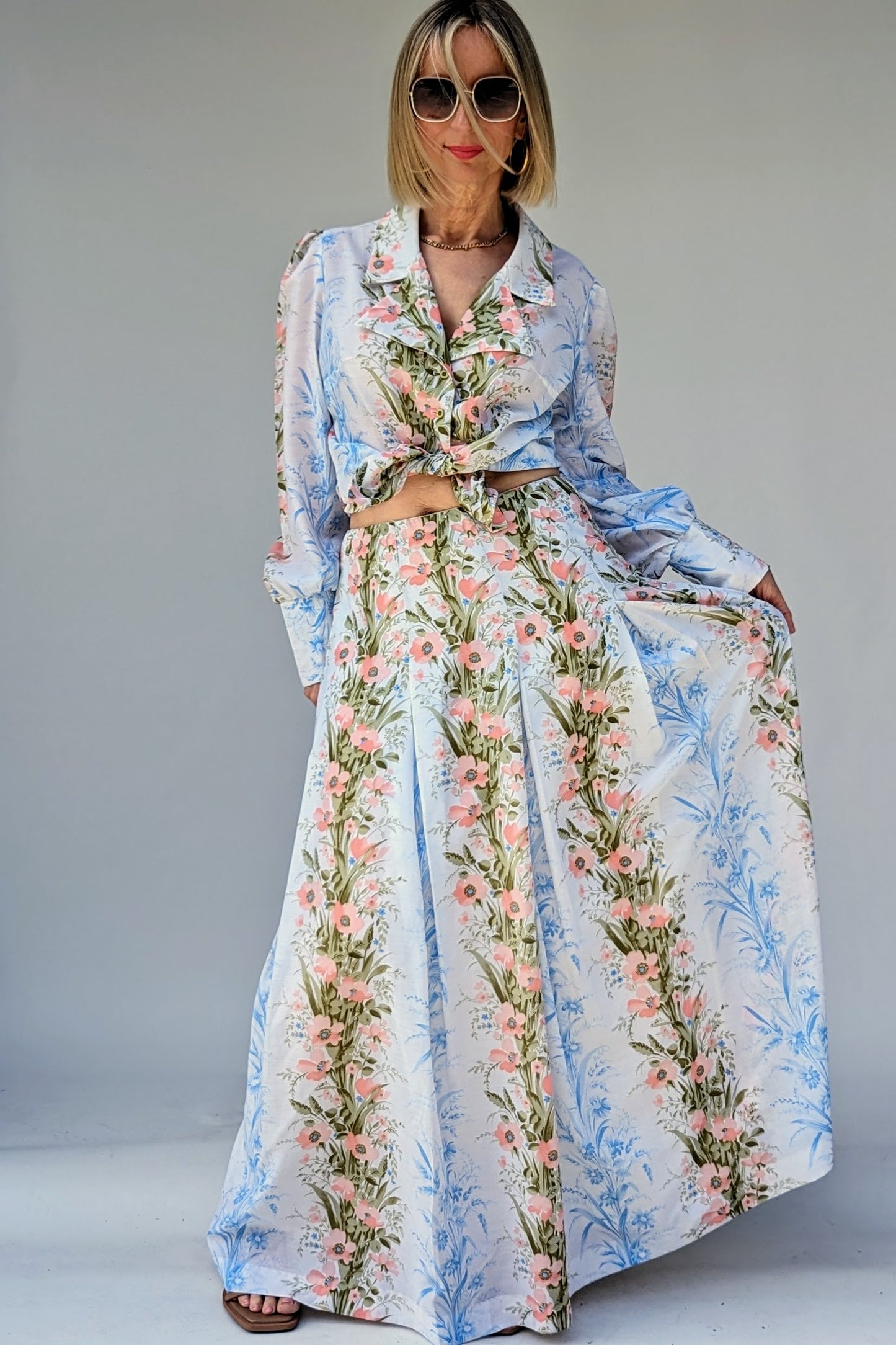 70s vintage two piece floral skirt summer suit with long sleeve blouse and maxi skirt in pinks and blues on white