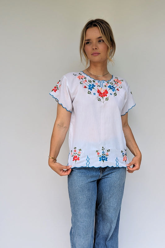 boho mexican embroidered white short sleeved blouse