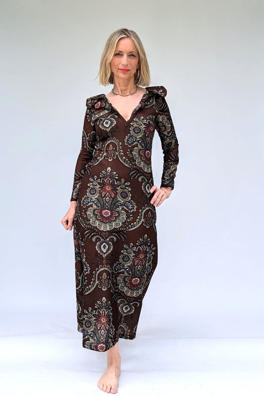 Brown paisley long 70s maxi dress