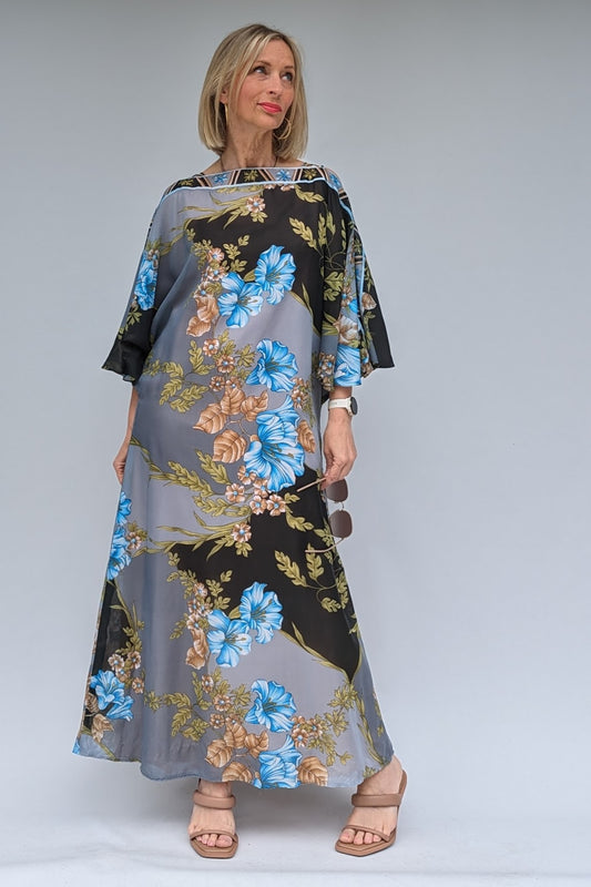 Long bat sleeved vintage floral kaftan in grey, black, blue and brown with a sheer overlay and a dusky peach lining
