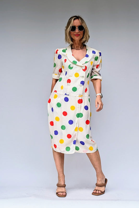 spotty silk double breasted drop waist louis feraud vintage dress with multi coloured spots