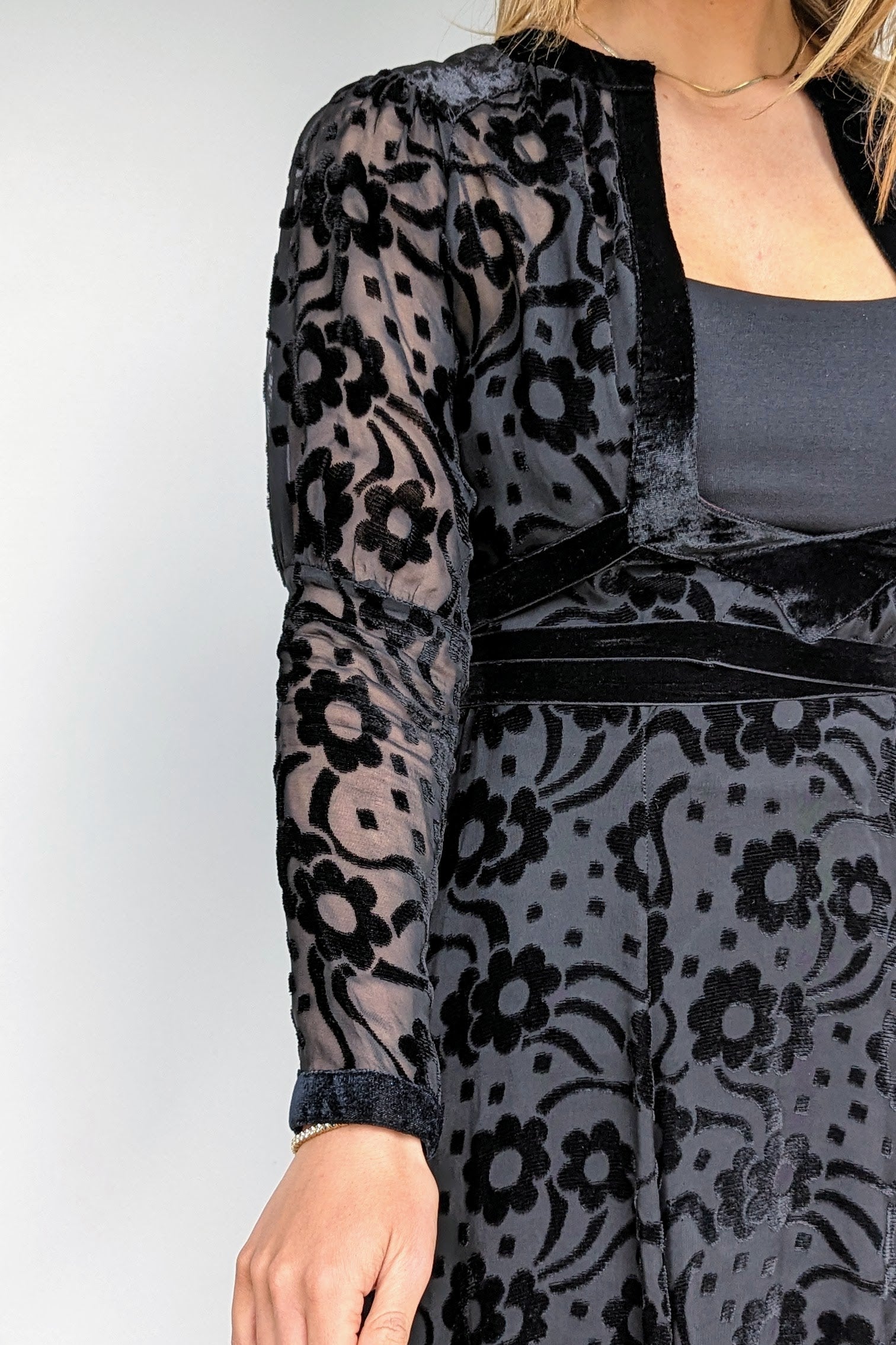 front of Vintage ossie clark 60s devore cut velvet black dress with tie waist