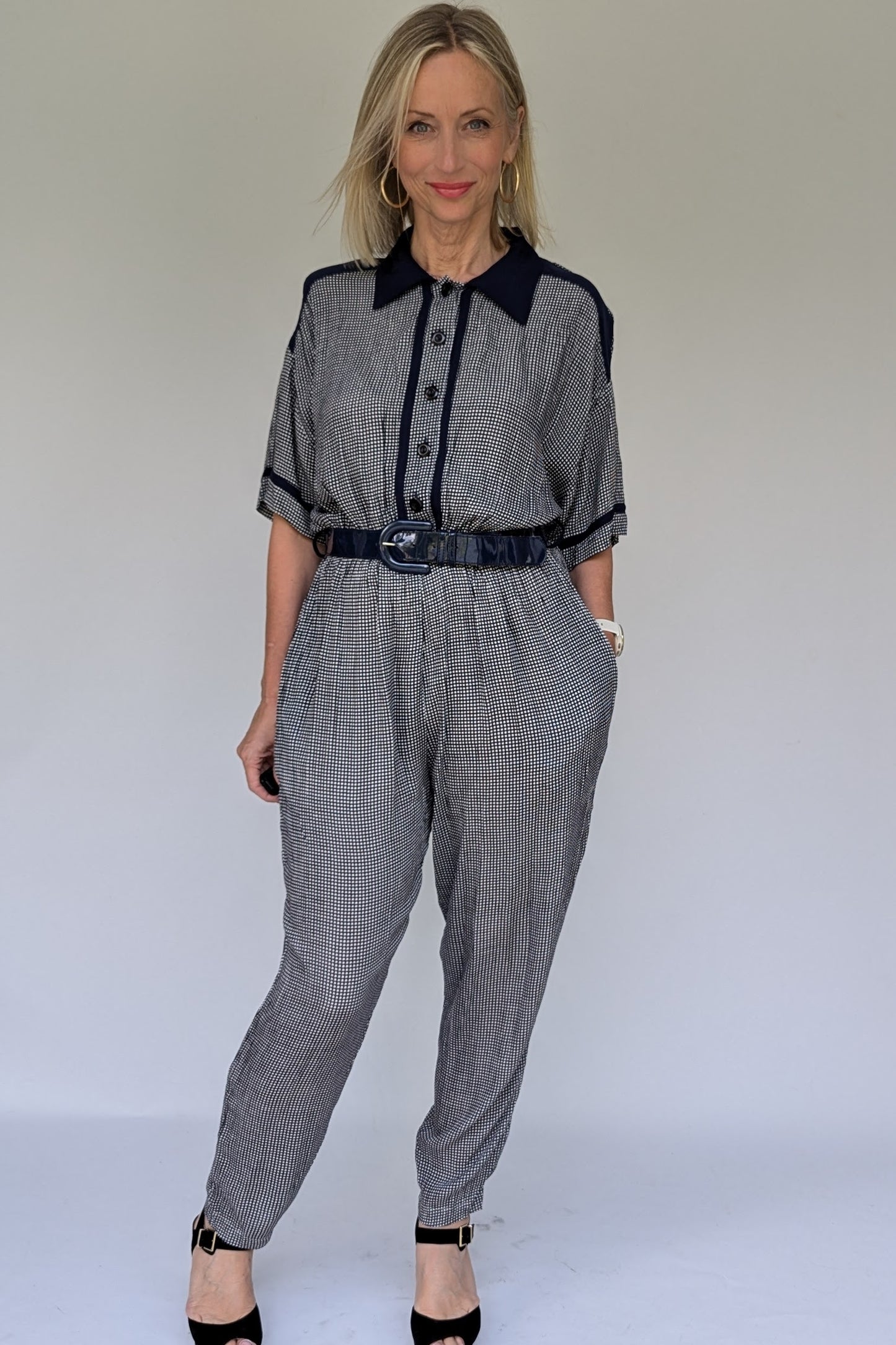 1980s Navy Checked Jumpsuit