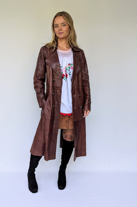 1970's Long Brown Leather Trench Coat