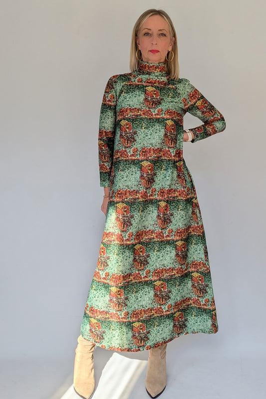 70s High Neck Maxi Dress with Houseboat Scene Design