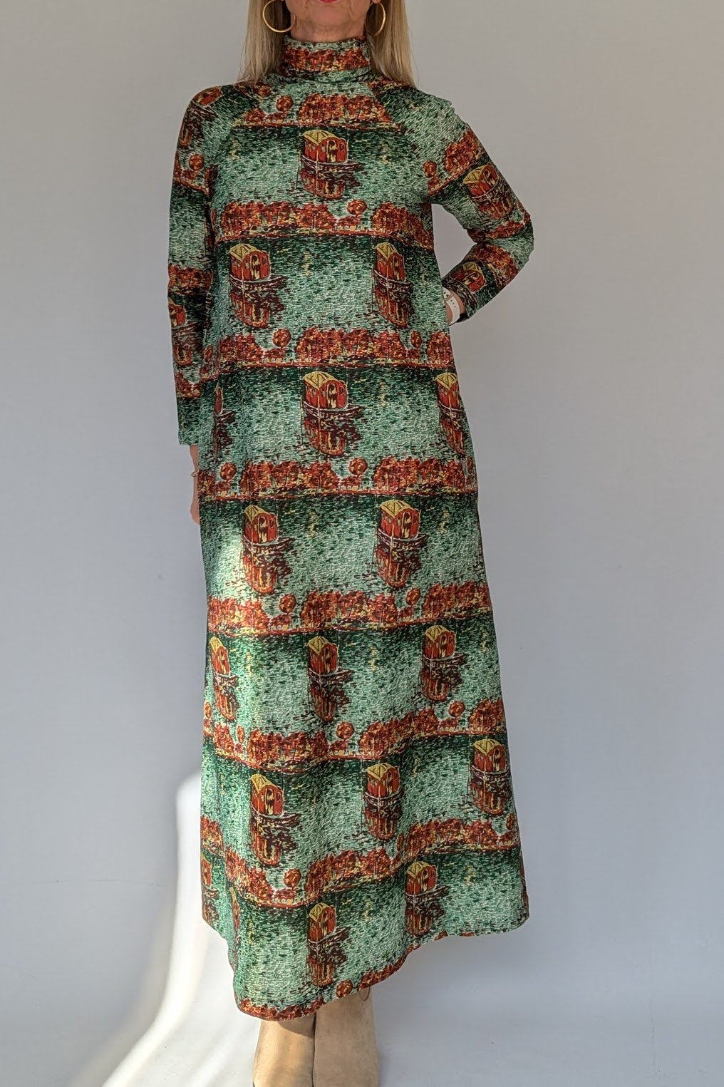 70s High Neck Maxi Dress with Houseboat Scene Design