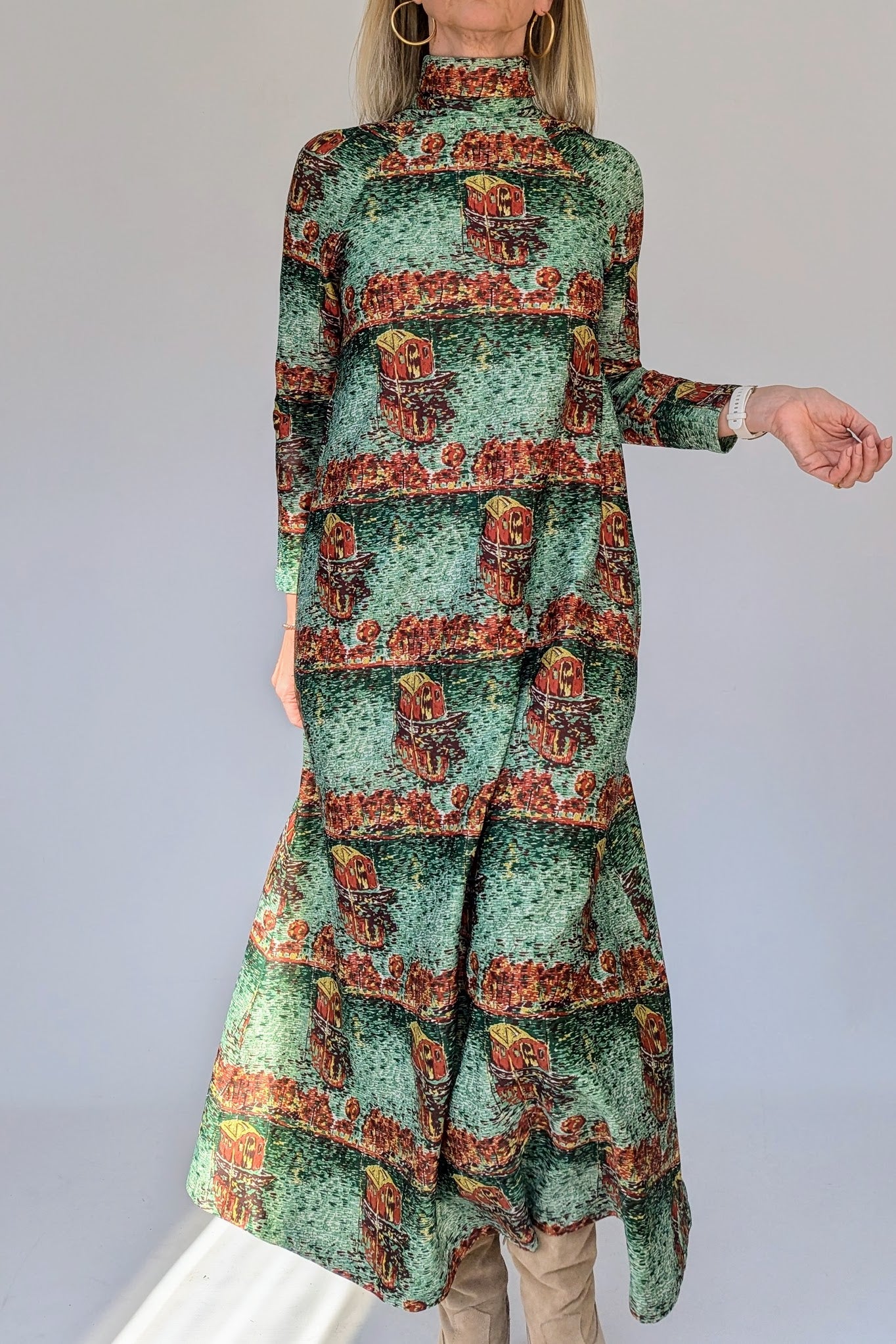 70s High Neck Maxi Dress with Houseboat Scene Design