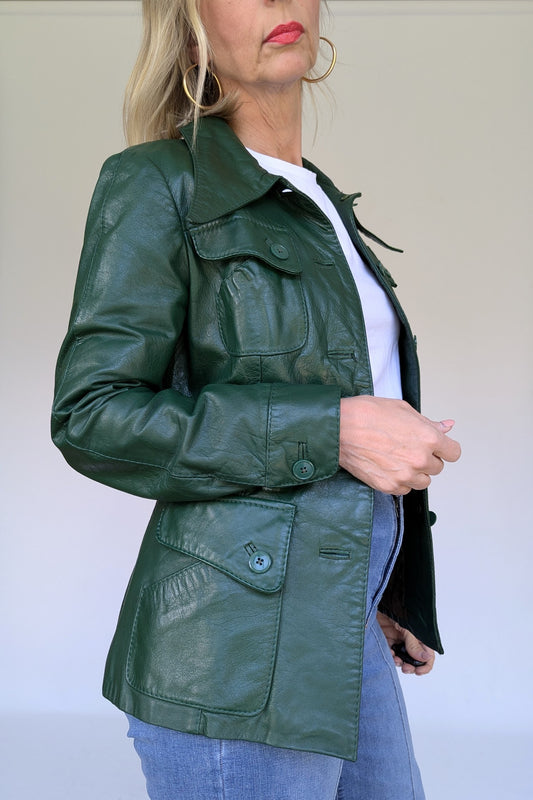 Vintage Green Leather Dagger Collar Jacket