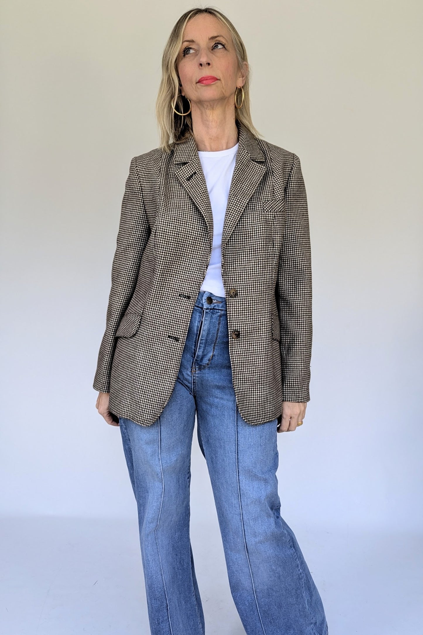 1980s Blazer in Cream and Brown Dogtooth