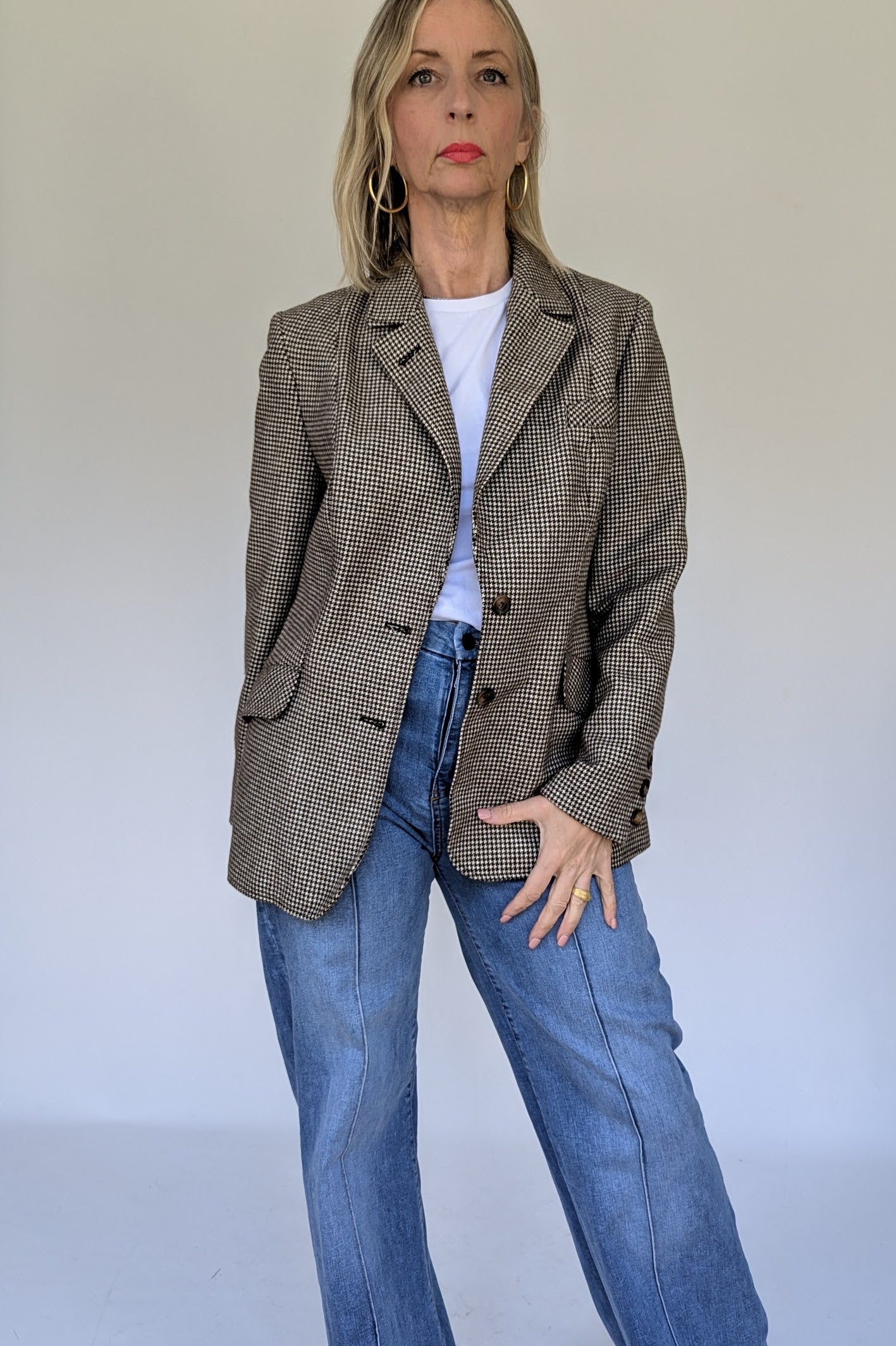 1980s Blazer in Cream and Brown Dogtooth