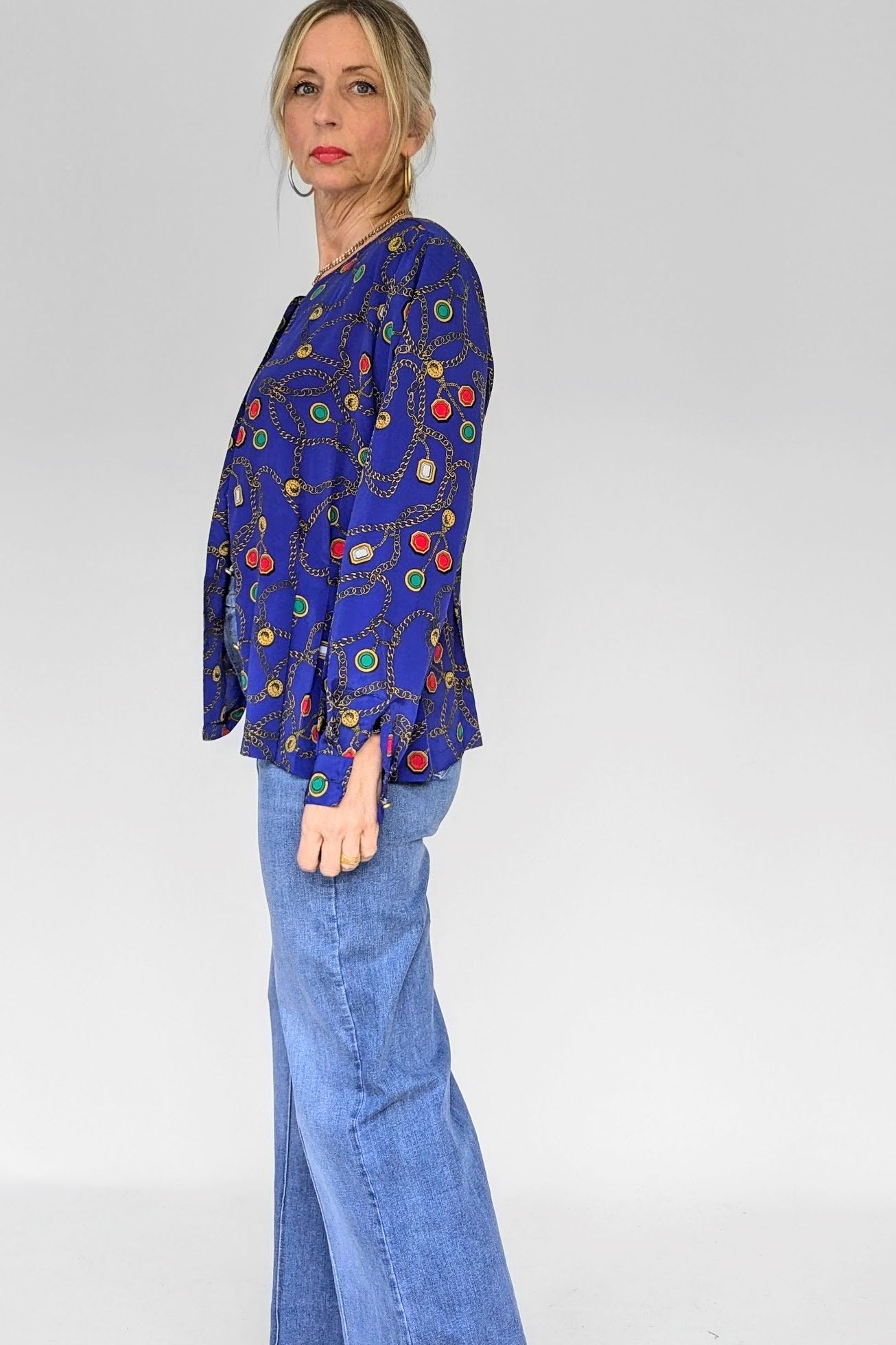 80's Blue Chain Print Blouse