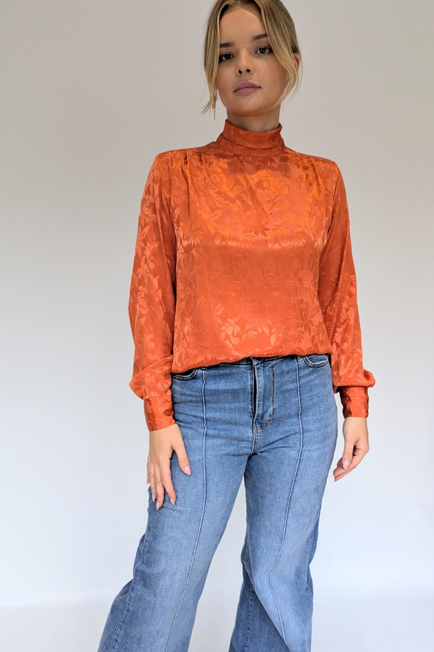 Vintage High Neck Jacquard Rust Blouse