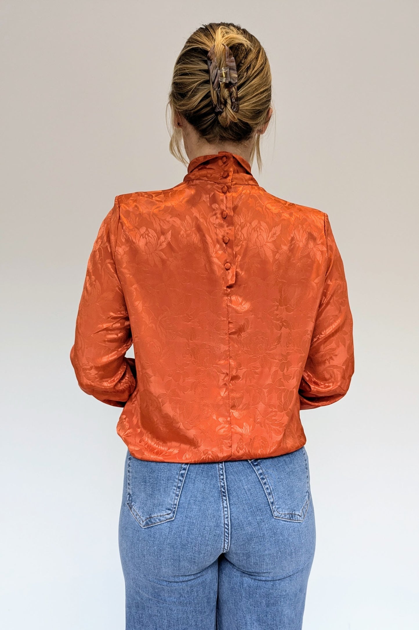 Vintage High Neck Jacquard Rust Blouse