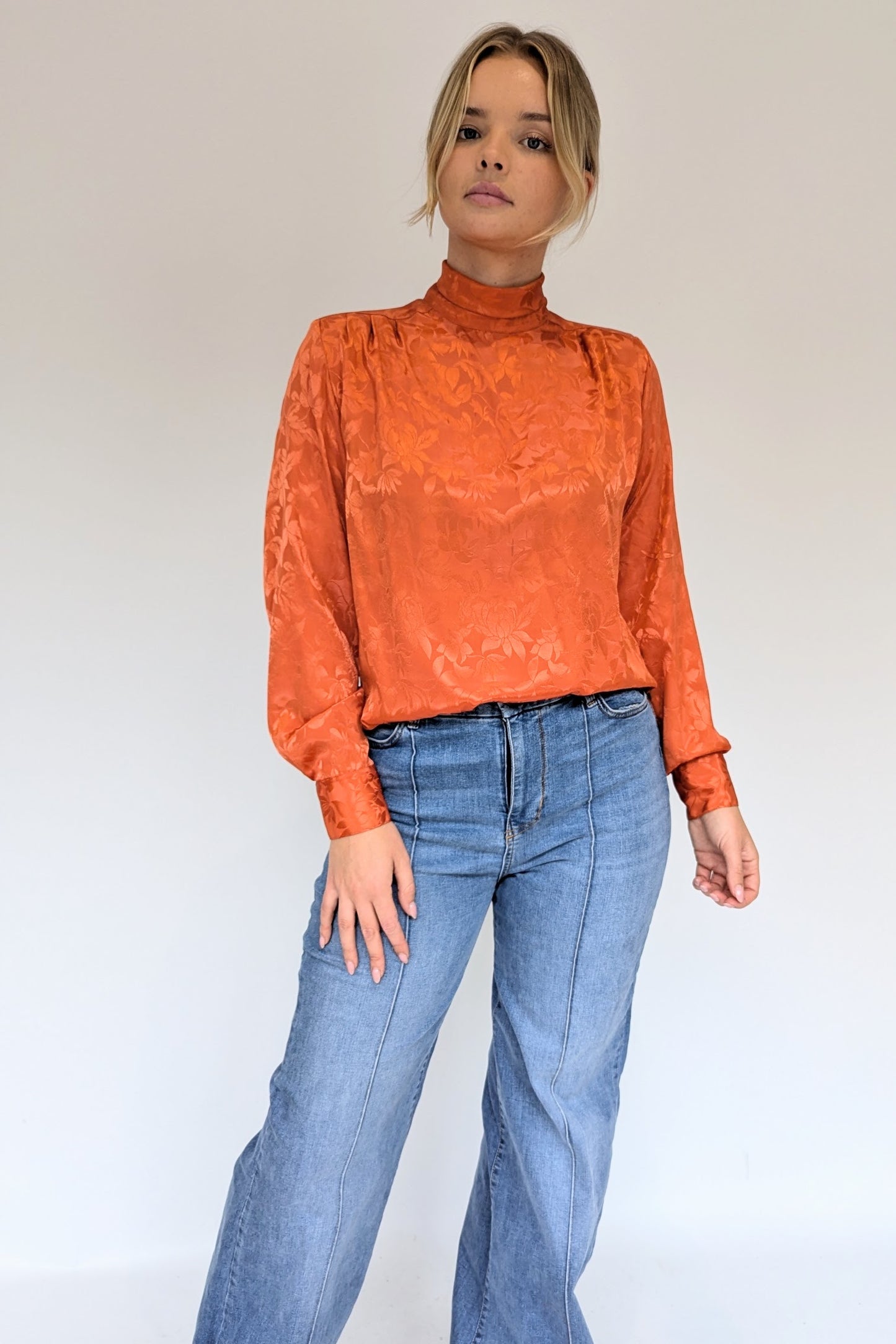 Vintage High Neck Jacquard Rust Blouse