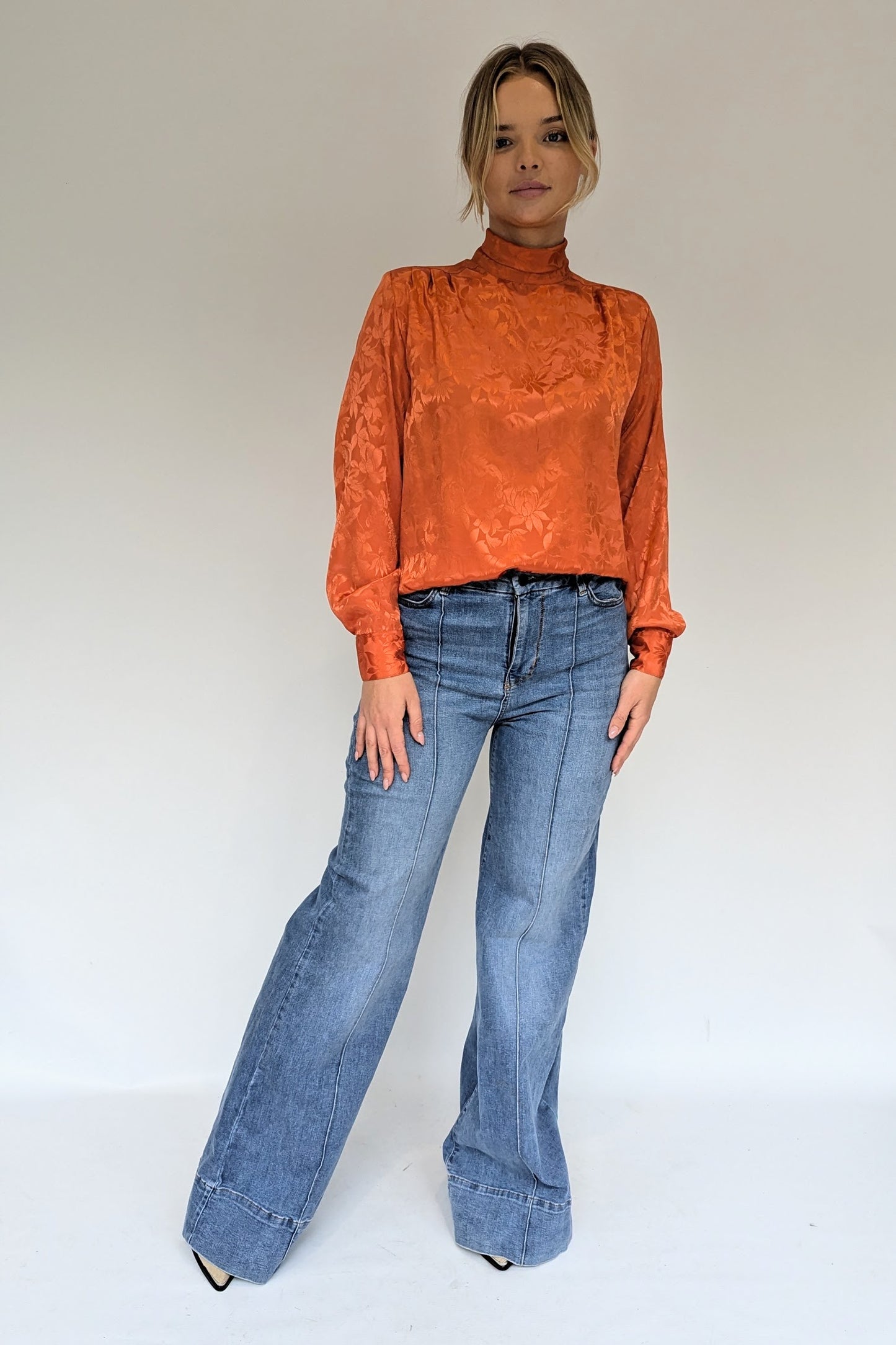 Vintage High Neck Jacquard Rust Blouse