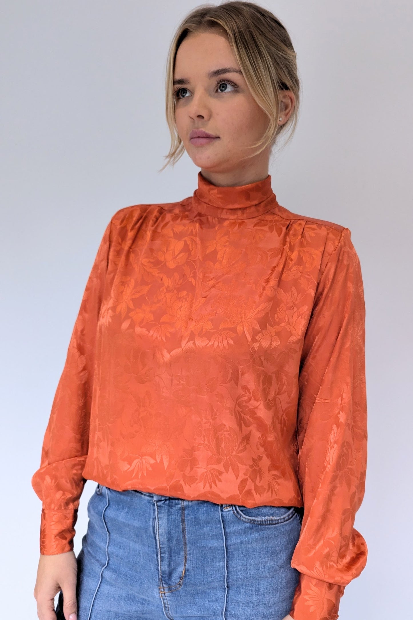 Vintage High Neck Jacquard Rust Blouse