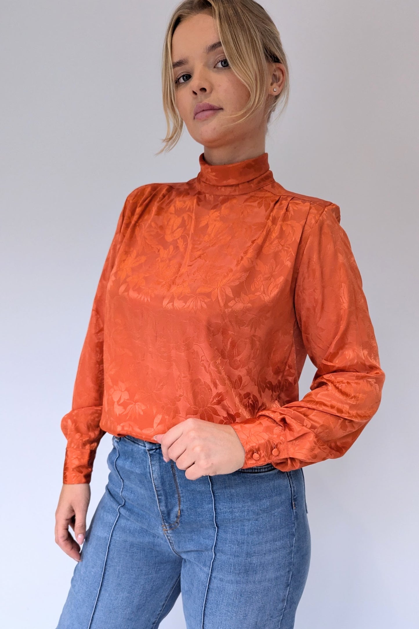 Vintage High Neck Jacquard Rust Blouse