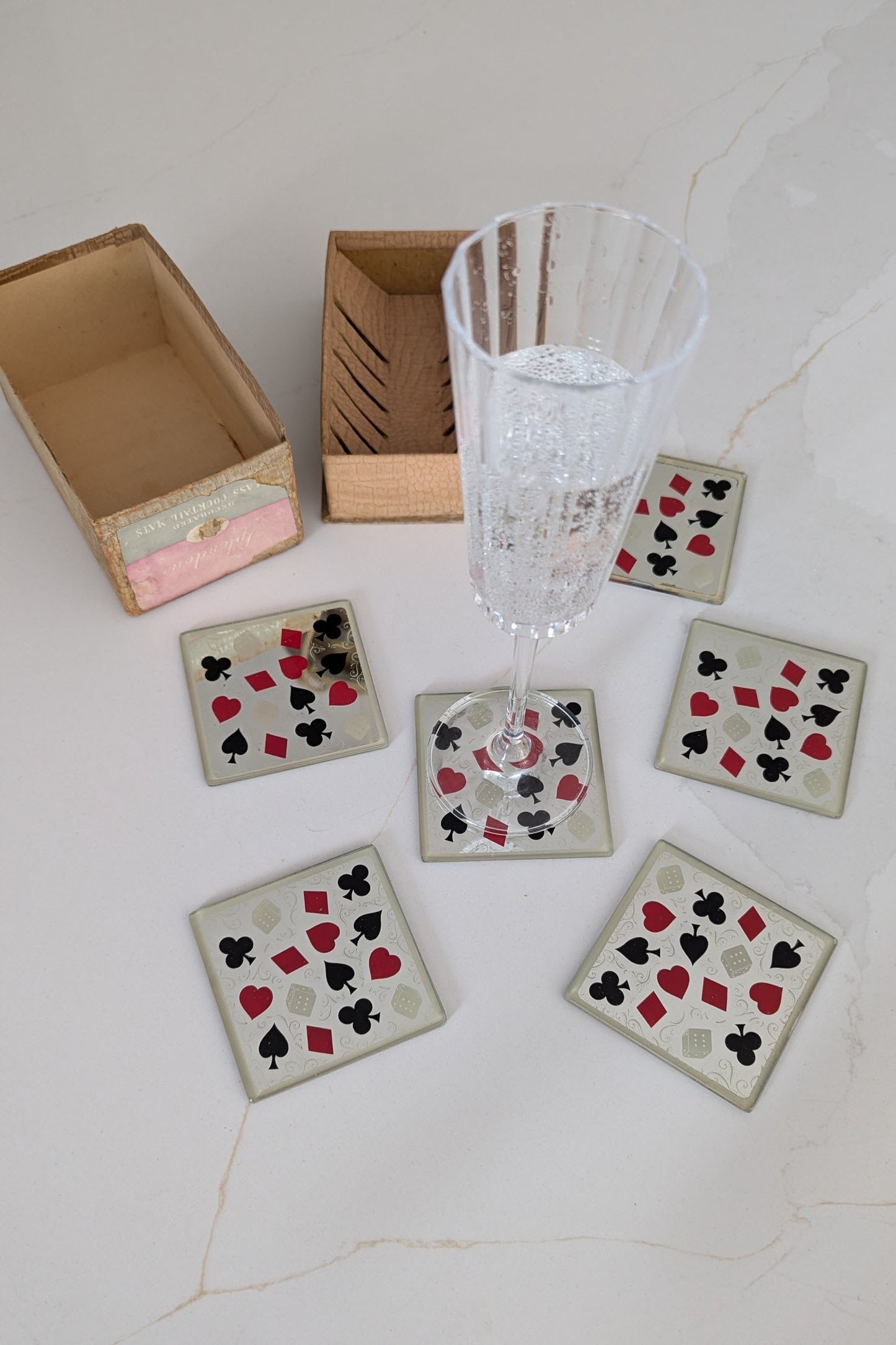 Vintage Glass Mirrored Cocktail Mats, Set of 6 Coasters in Original Box