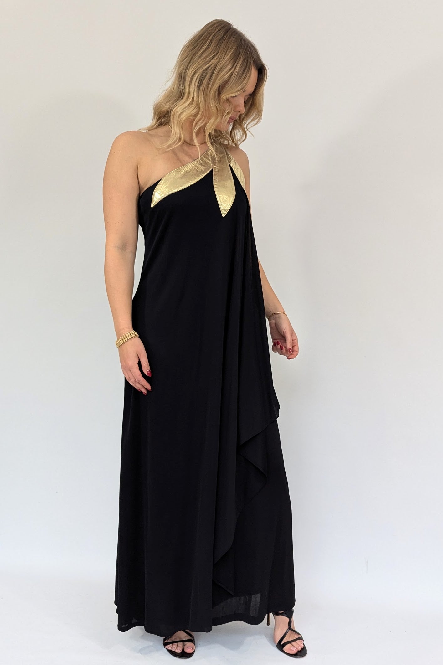 1970s Black and Gold Lame Asymmetric Dress