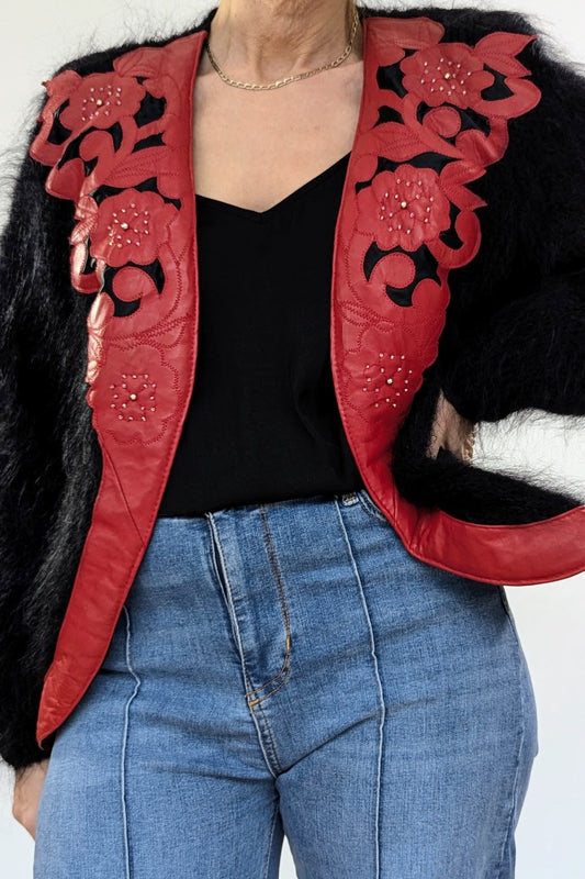 Vintage Black and Red Mohair Applique Cardigan