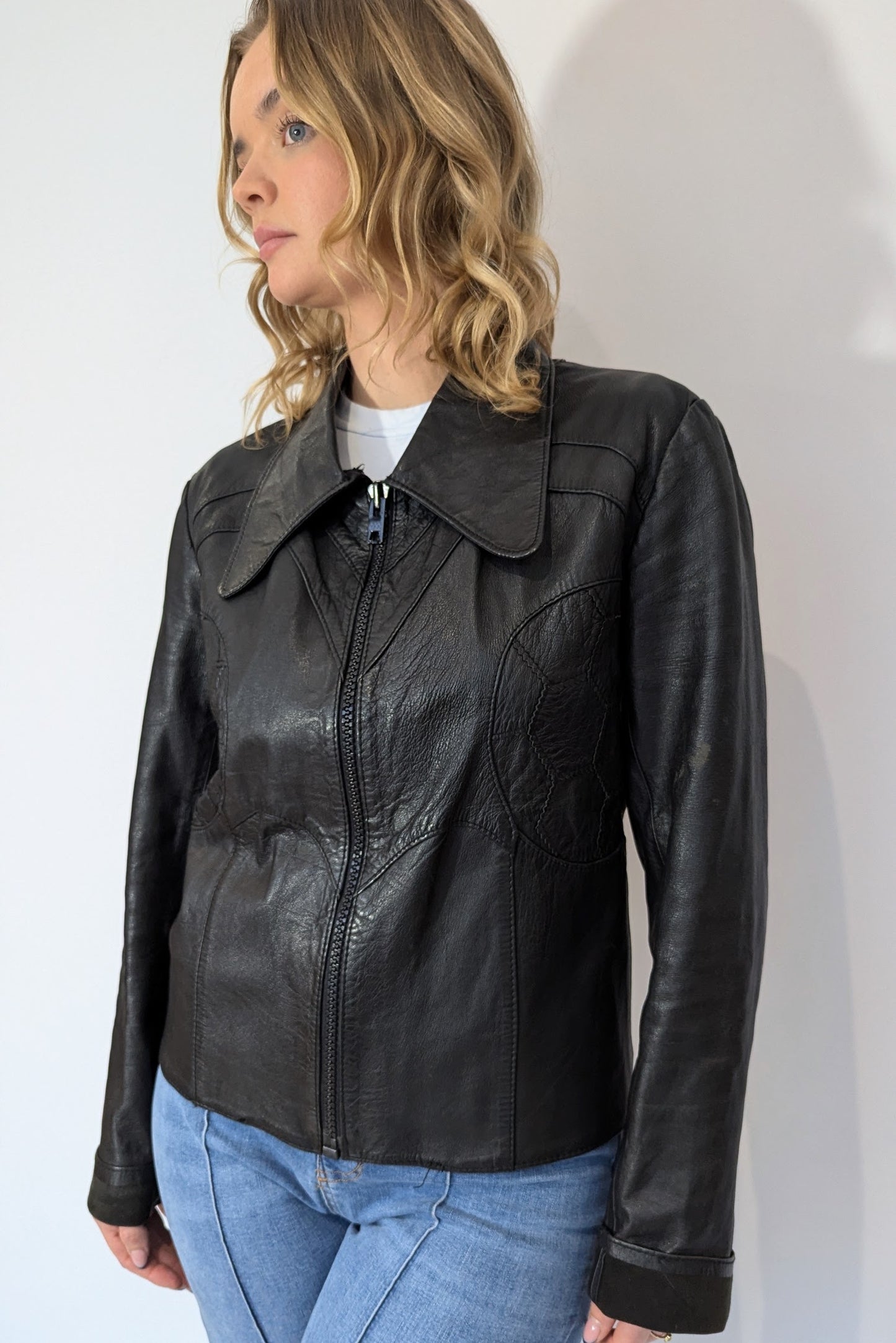 Rare 1970s Vintage Unisex Dagger Collar Leather Jacket