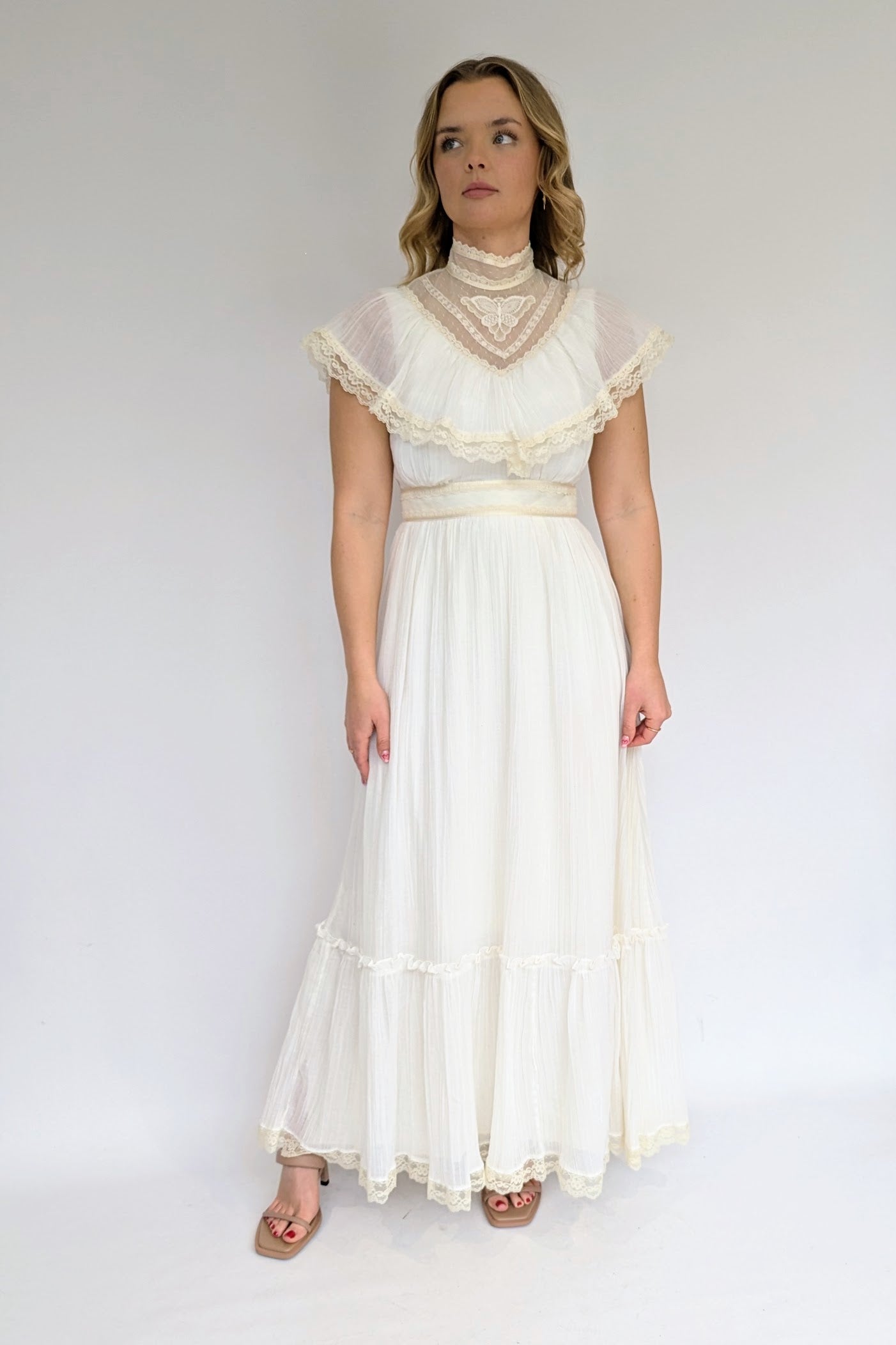 1970s High Collared Victorian Style Cream Maxi Dress