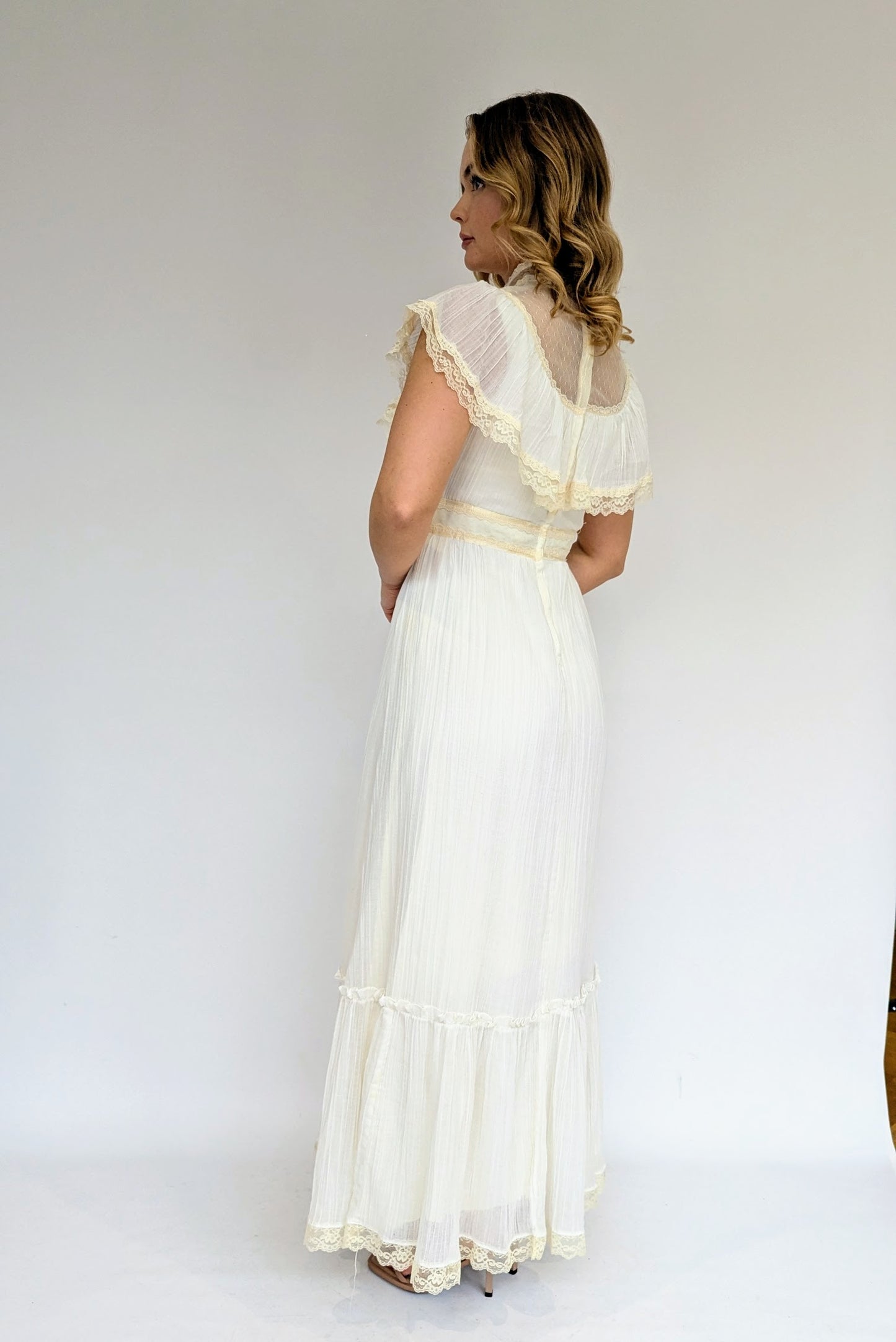 1970s High Collared Victorian Style Cream Maxi Dress