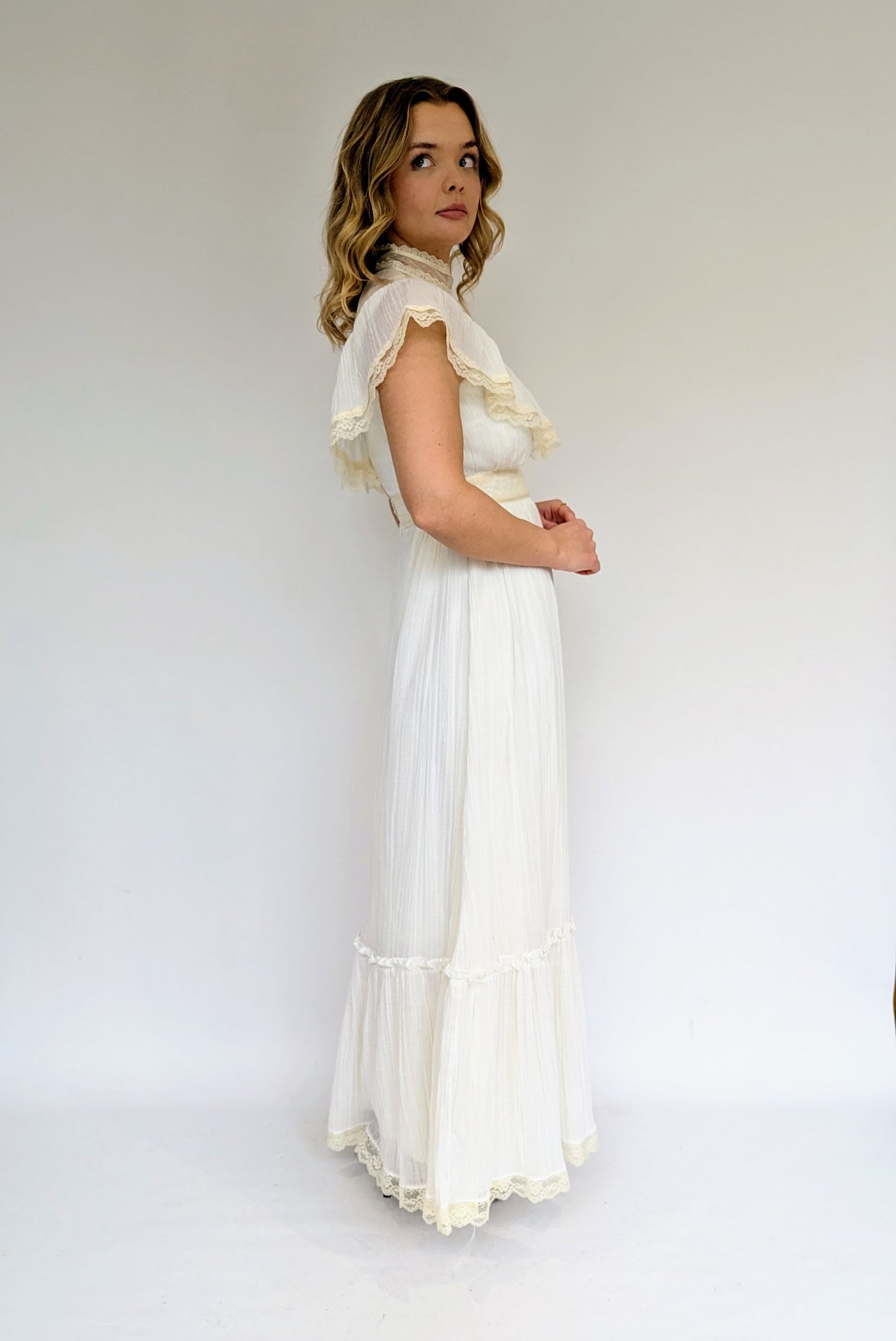 1970s High Collared Victorian Style Cream Maxi Dress