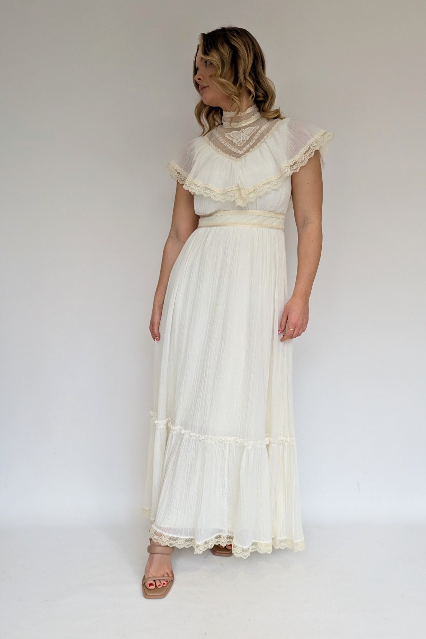 1970s High Collared Victorian Style Cream Maxi Dress