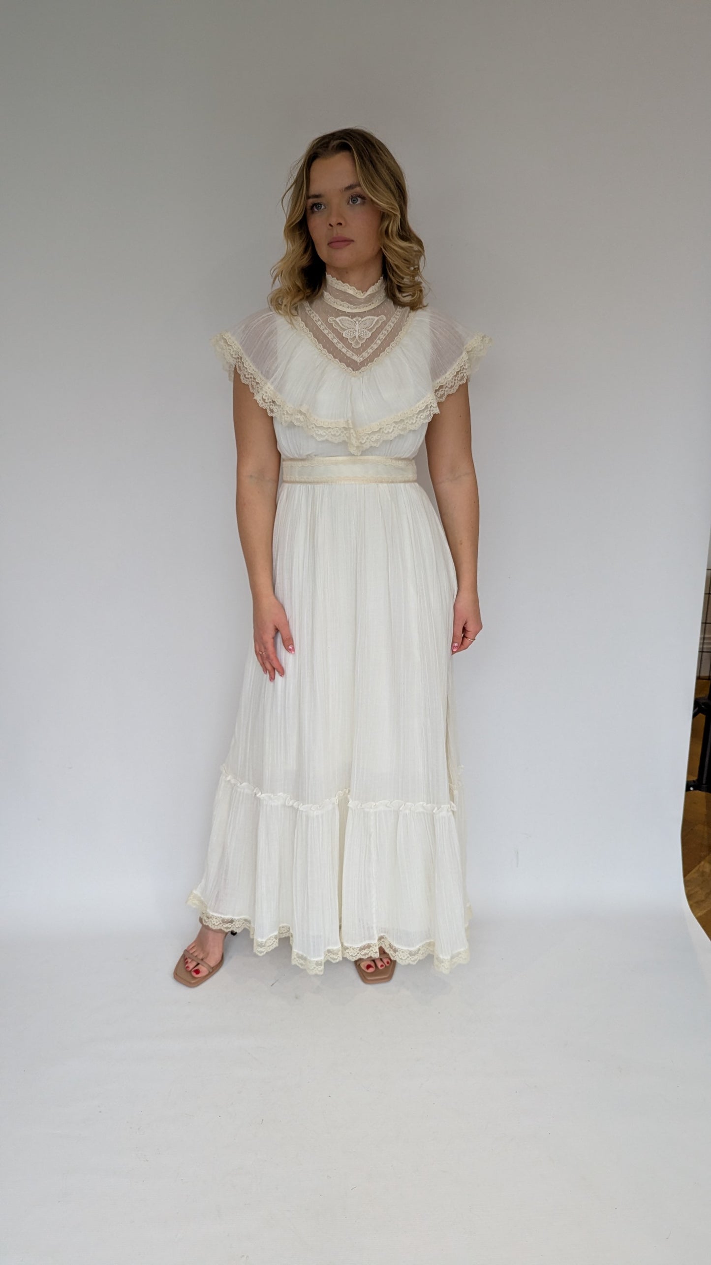 1970s High Collared Victorian Style Cream Maxi Dress