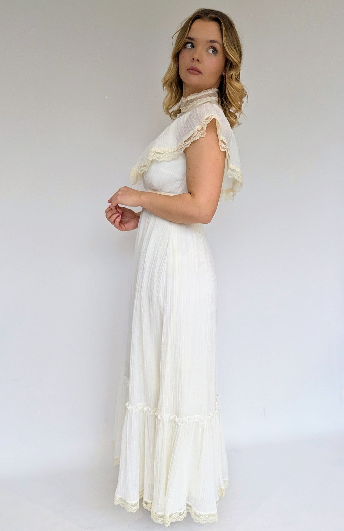 1970s High Collared Victorian Style Cream Maxi Dress