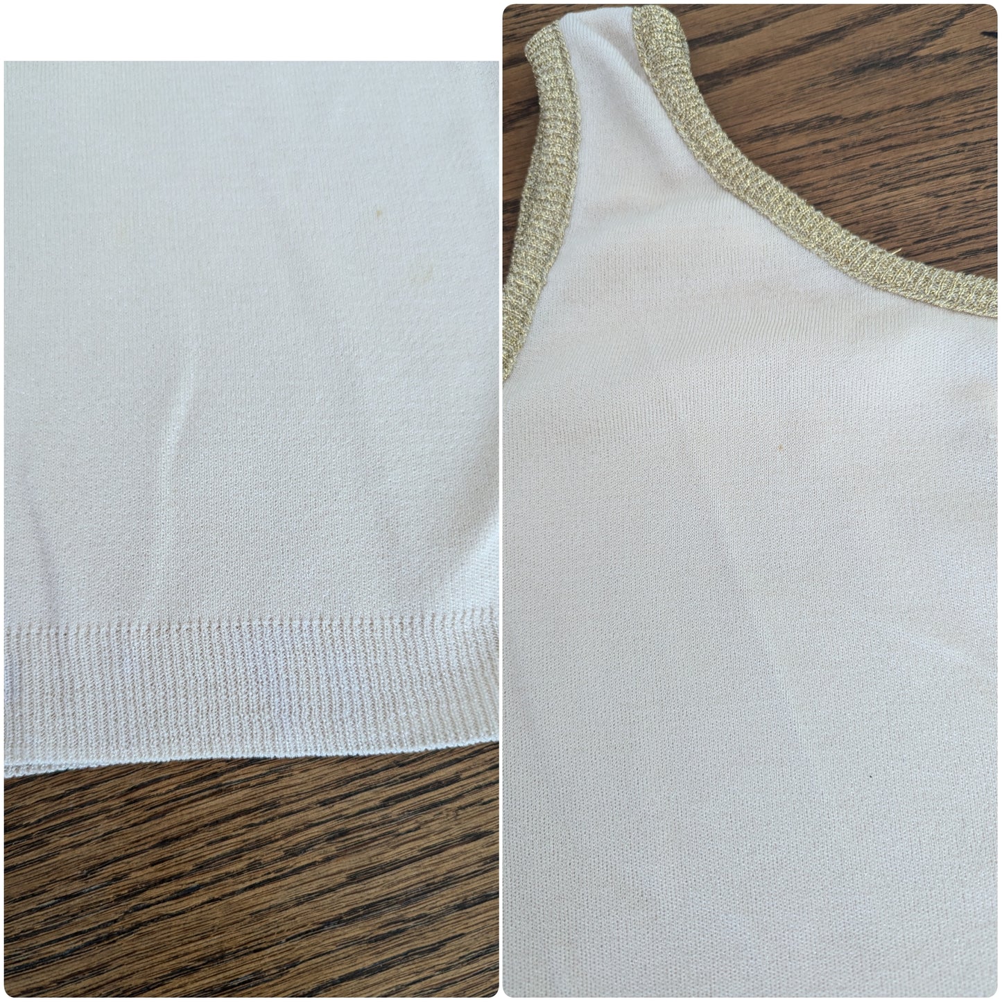 small marks on cream one shoulder deadstock 1970s top with gold trim