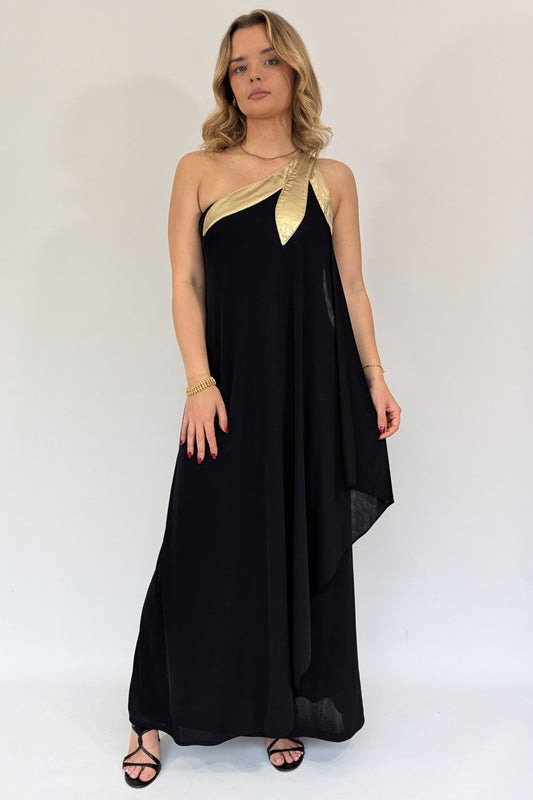 gold lame asymmetric black maxi dress