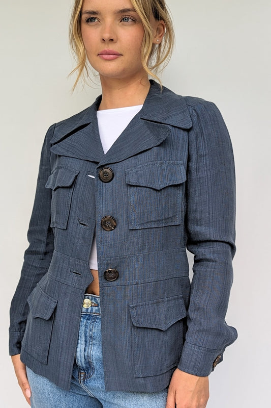 Blue linen Missoni Women's retro 80s 70s Jacket with large collars