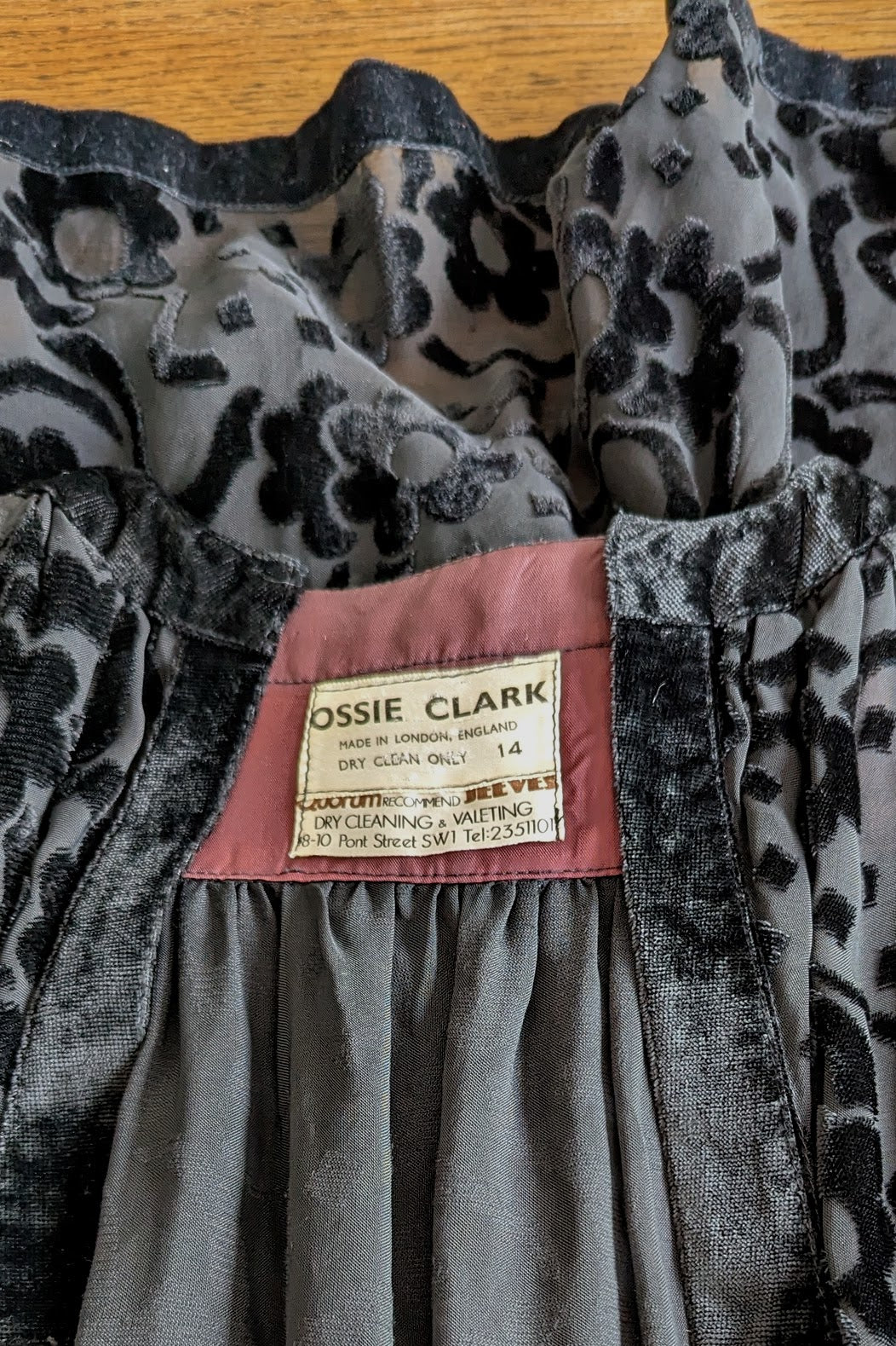 Label on Vintage ossie clark 60s devore cut velvet black dress with tie waist
