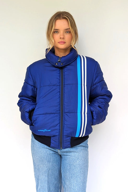 vintage 1980's puffer jacket in blue with white stripes