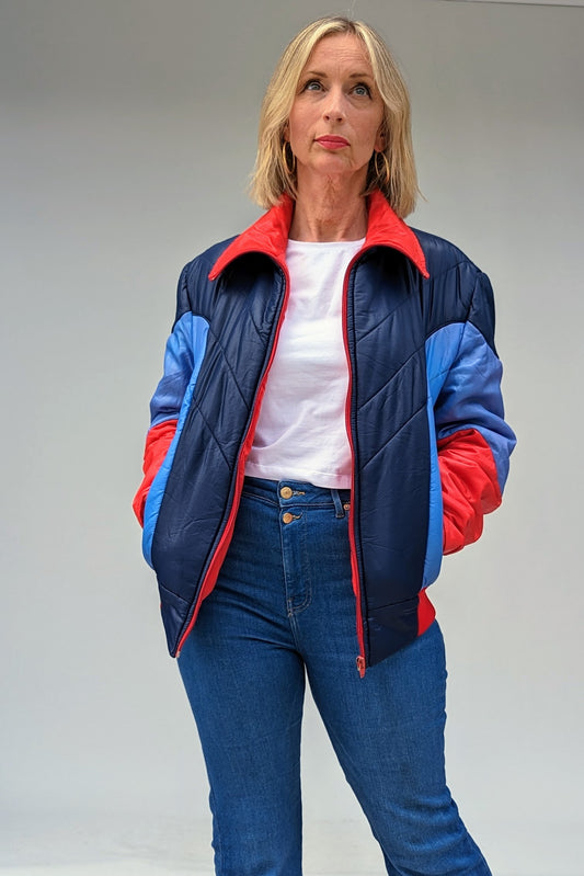 vintage blue, red and light blue puffer ski jacket 70s 80s