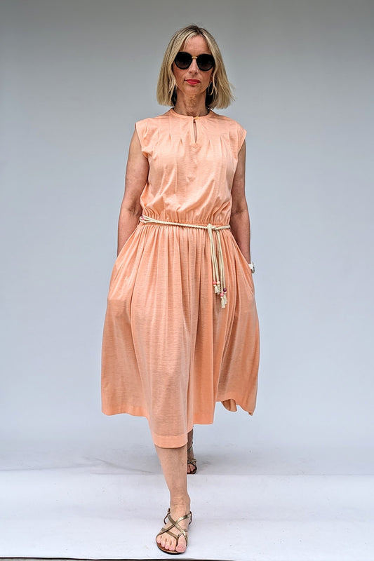 Peach Louis Feraud vintage summer dress with tie rope belt and pockets