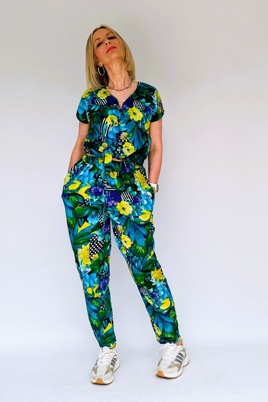 80s vintage tropical co-ord trouser set in yellow, blue and green floral cotton