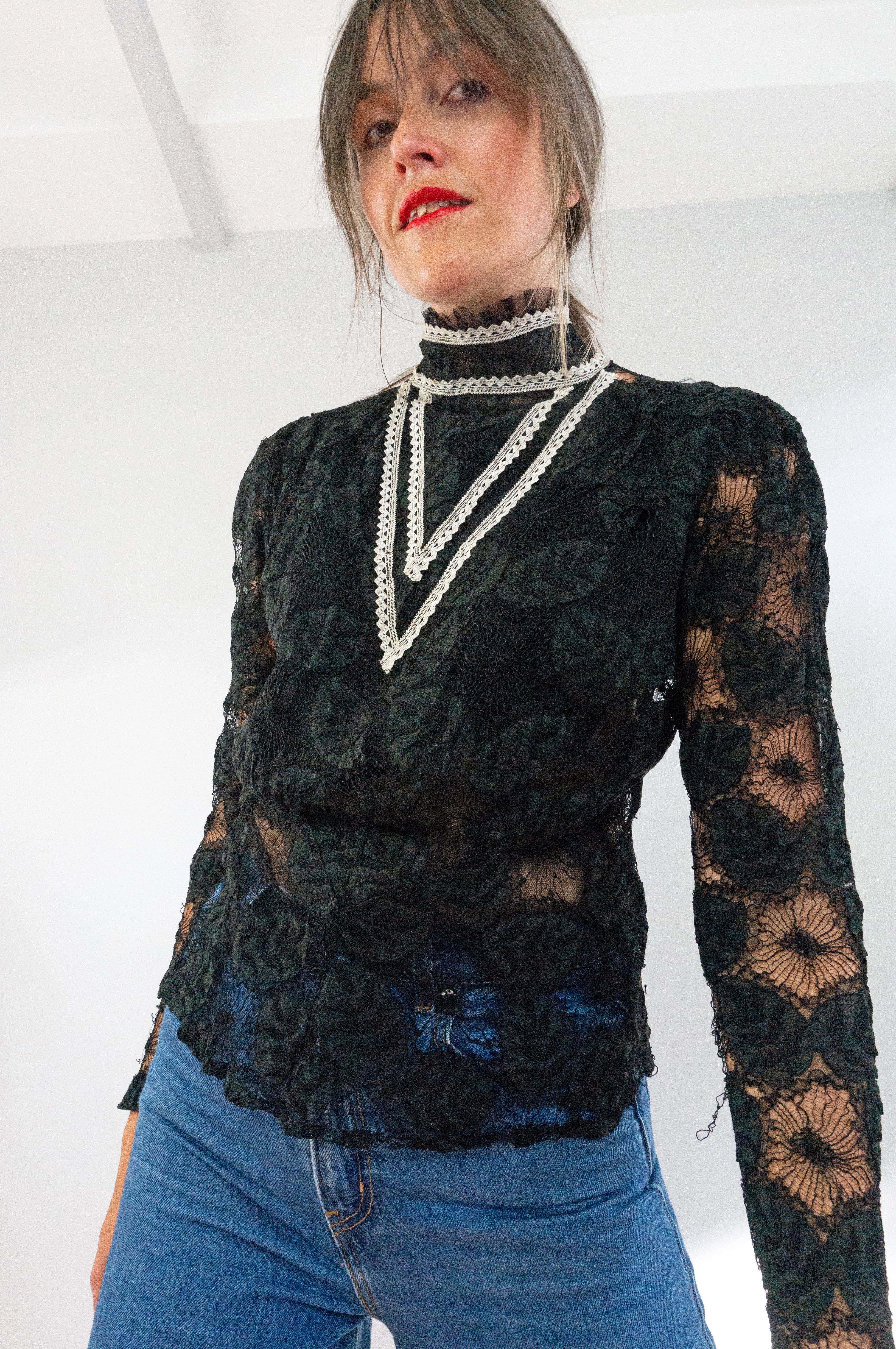 Victorian Ruffle Neck Sheer Black Lace Blouse