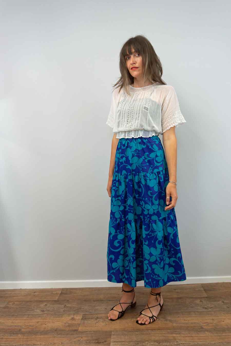 70s Tiered Blue Floral Maxi Skirt Ada s Attic Vintage